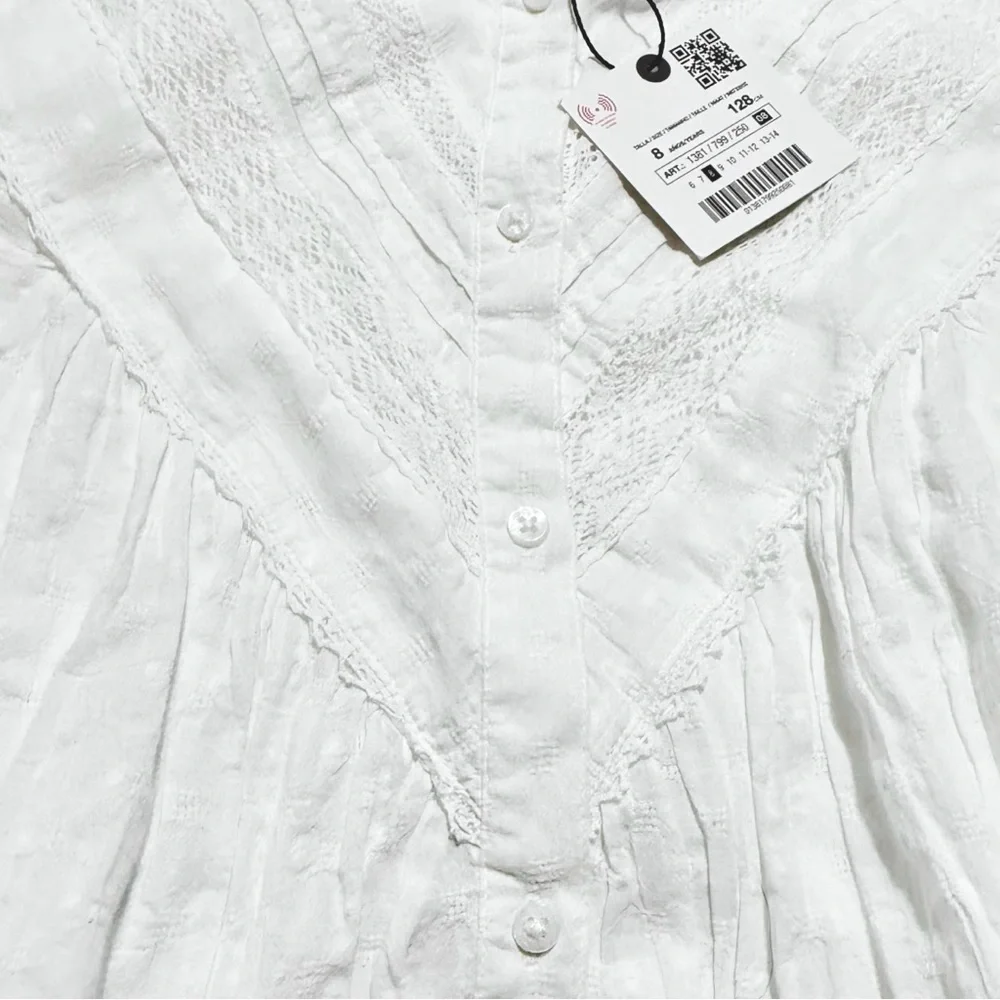 NWT Zara Girls White Lace Yoke Blouse Size 8 Long Sleeve Swiss Dot Cotton Top